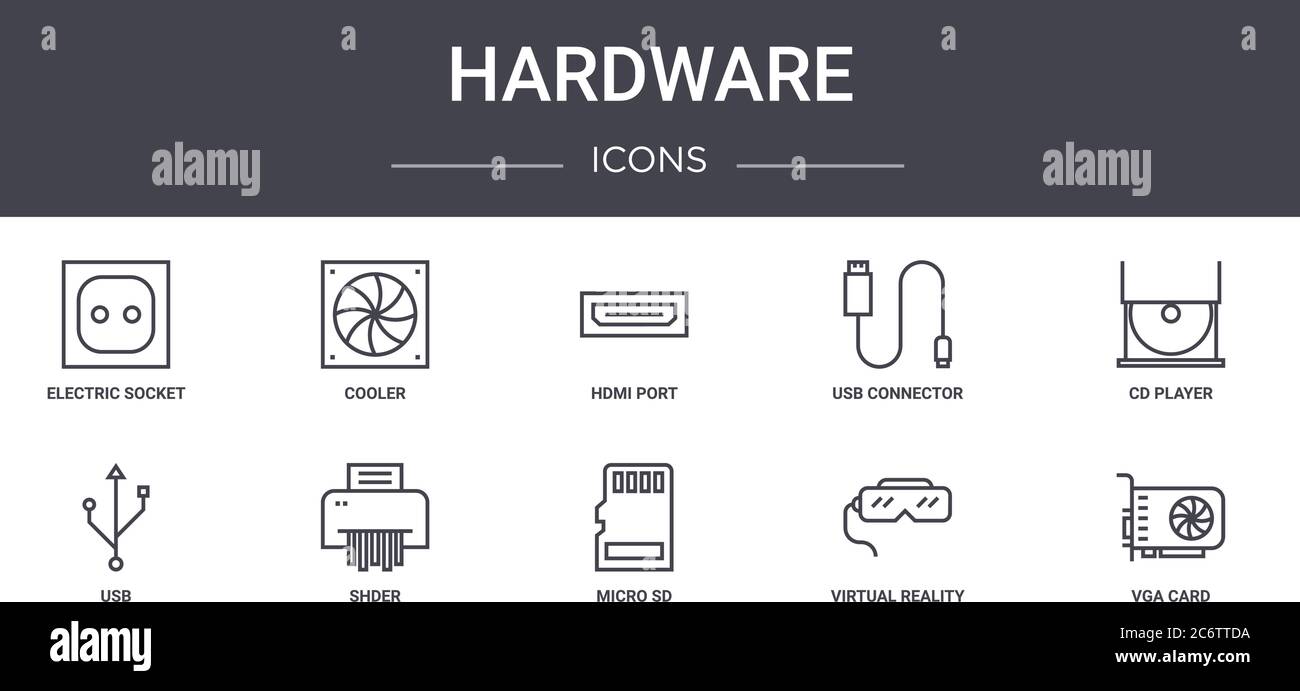 hardware concept line icons set. contains icons usable for web, logo, ui/ux such as cooler, usb connector, usb, micro sd, virtual reality glasses, vga Stock Vector