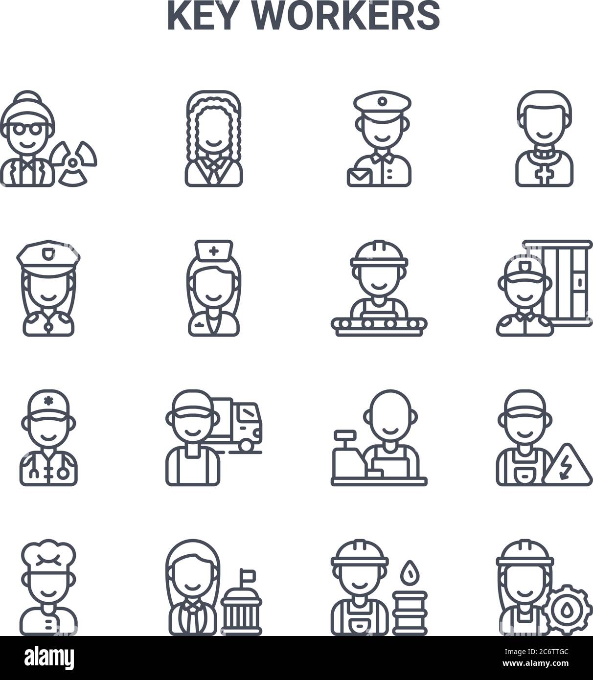 set of 16 key workers concept vector line icons. 64x64 thin stroke icons such as judge, police officer, guard, cashier, politician, worker, worker, wo Stock Vector