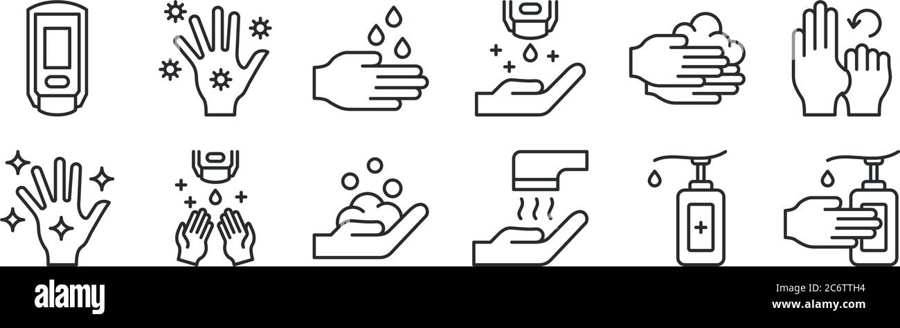 set of 12 thin outline icons such as hand sanitizer, hand dryer, hand ...
