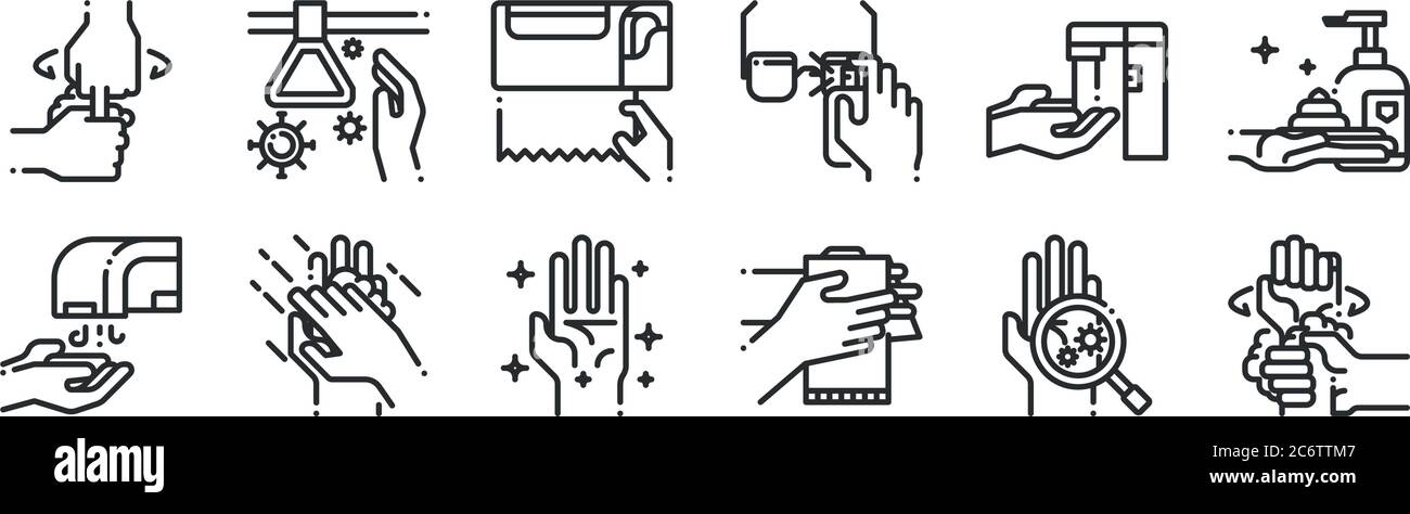 set of 12 thin outline icons such as washing hand, hand, washing hand ...