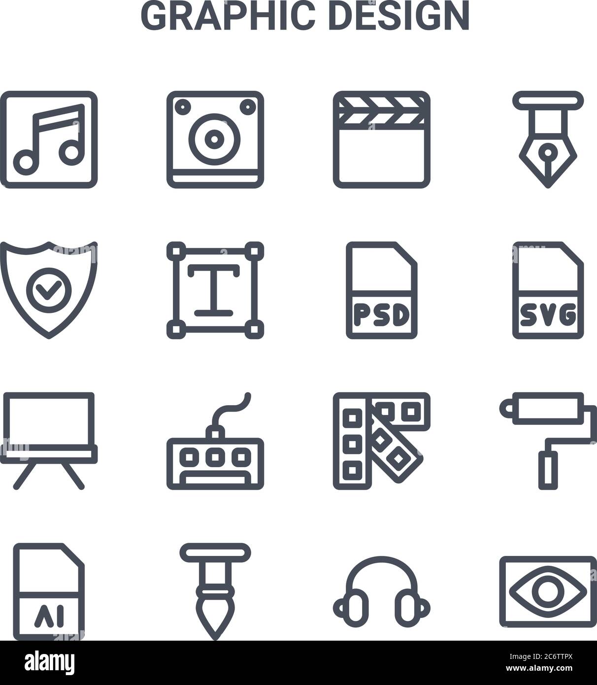 Download Set Of 16 Graphic Design Concept Vector Line Icons 64x64 Thin Stroke Icons Such As Speaker Protection Svg Color Palette Brush Eye Headphone Ps Stock Vector Image Art Alamy