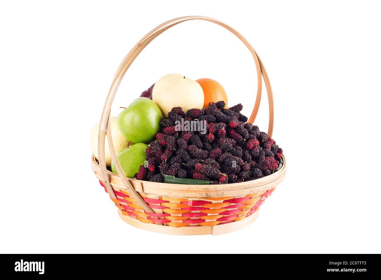 fresh orange, Chinese pear, green apple and mulberry in bamboo wicker basket on white background fruit health food isolated Stock Photo