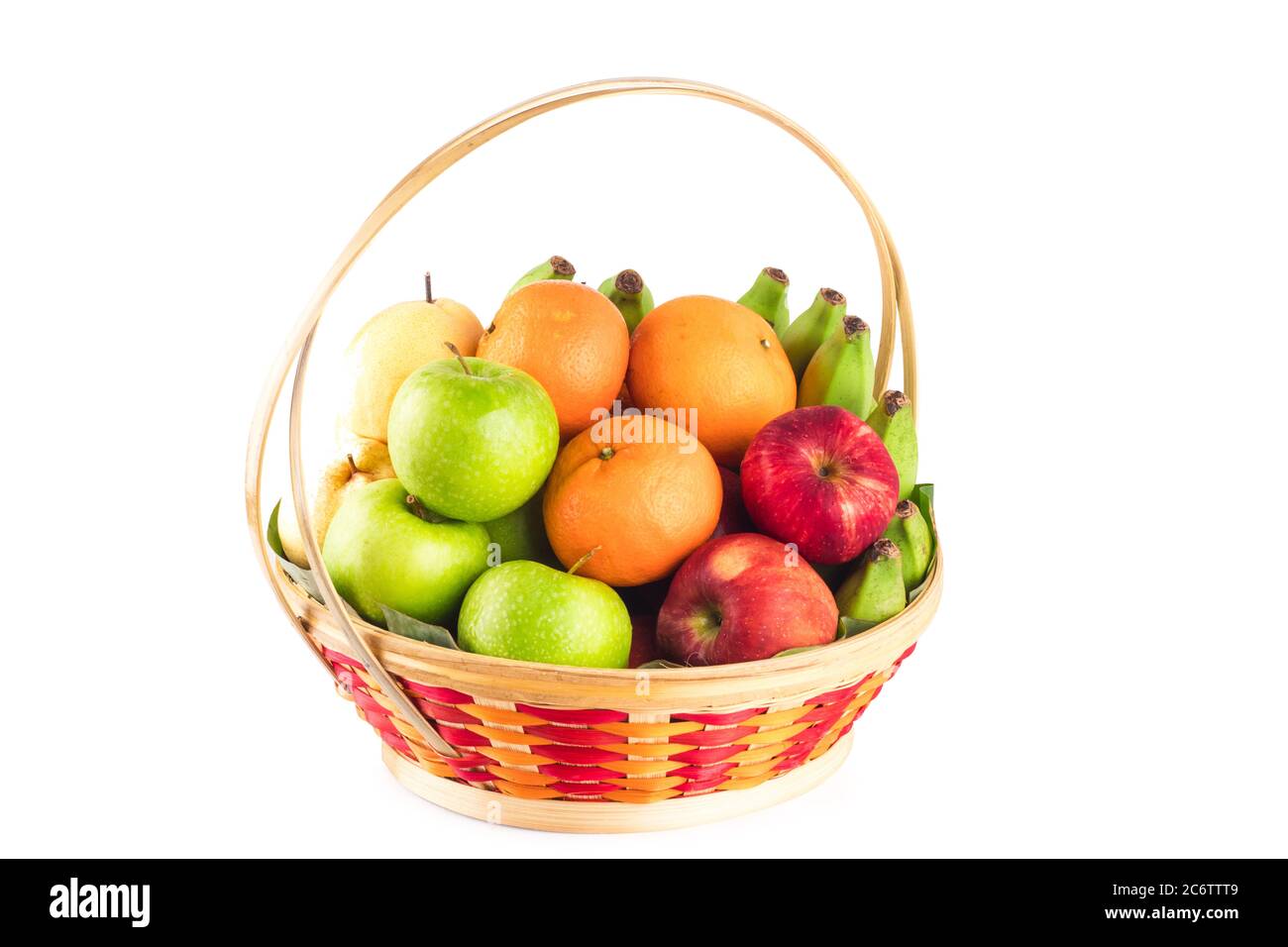 orange, Chinese pear, banana, red apple and green apple in wicker basket on white background fruit health food isolated Stock Photo