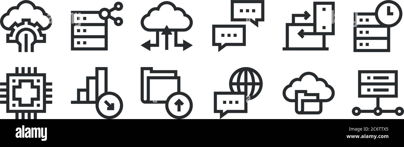 set of 12 thin outline icons such as server, communication, decrease, laptop, cloud storage, share for web, mobile Stock Vector
