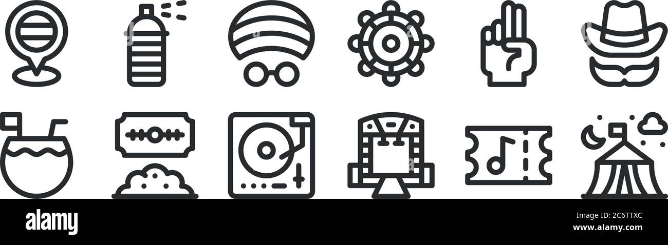 set of 12 thin outline icons such as camping tent, stage, cocaine, peace, hat, spray paint for web, mobile Stock Vector