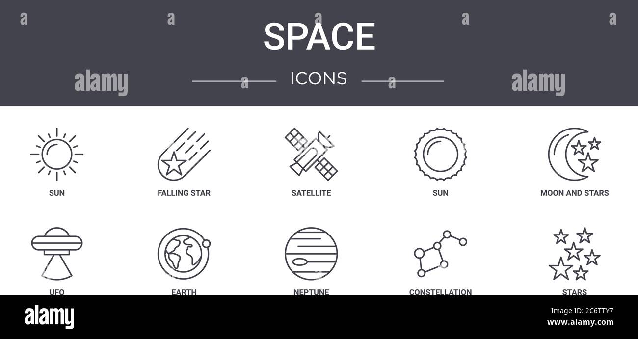 space concept line icons set. contains icons usable for web, logo, ui/ux such as falling star, sun, ufo, neptune, constellation, stars, moon and stars Stock Vector