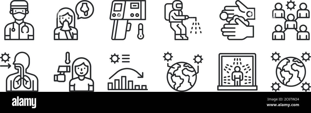 set of 12 thin outline icons such as outbreak, pandemic, fever, hand ...