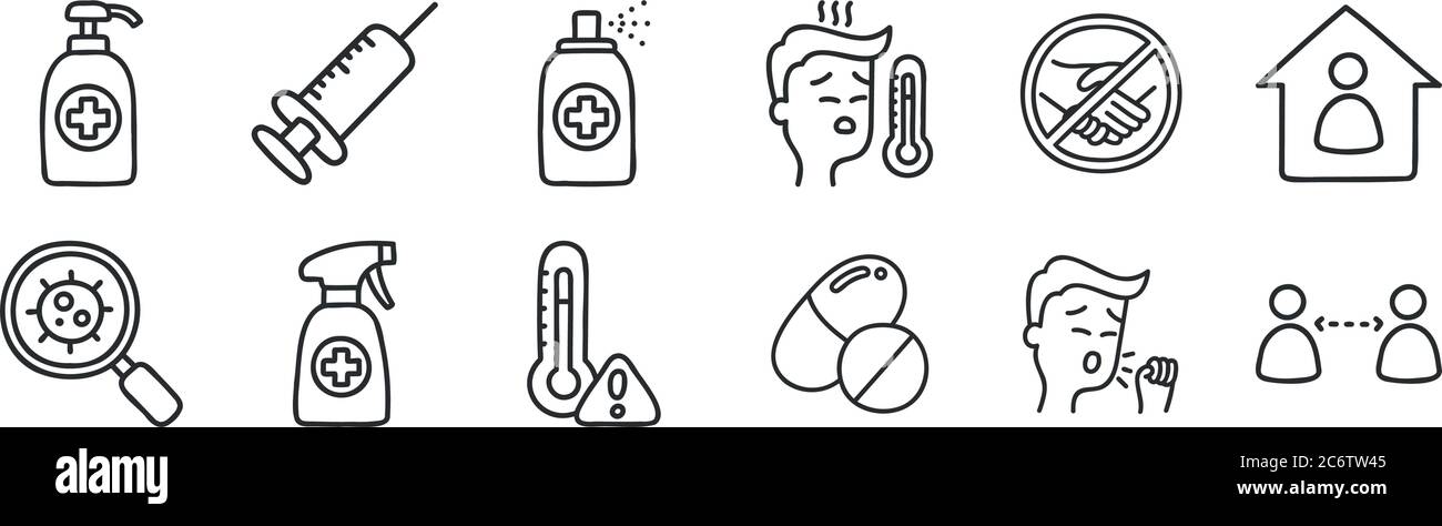 set of 12 thin outline icons such as keep distance, pill, spray, no ...