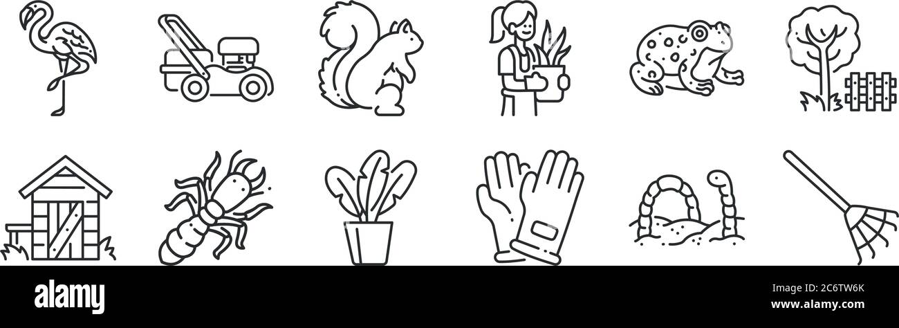 set of 12 thin outline icons such as rake, hand glove, termite, toad, squirrel, mower for web, mobile Stock Vector
