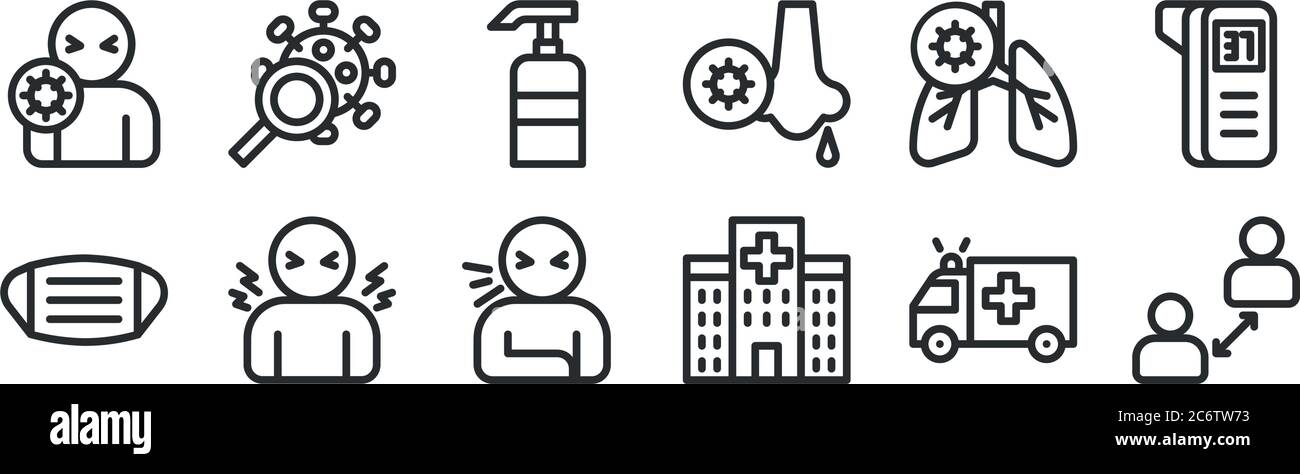 set of 12 thin outline icons such as epidemic prevention, hospital ...