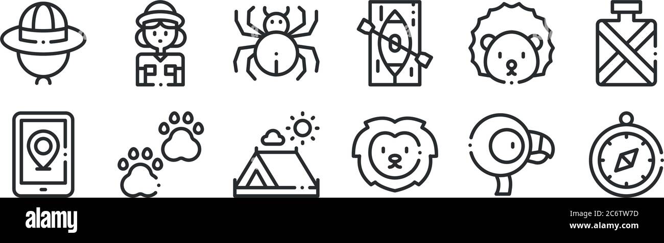 set of 12 thin outline icons such as compass, lion, paws, hedgehog, spider, explorer for web, mobile Stock Vector