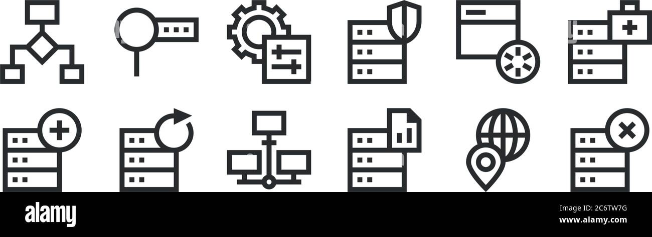 set of 12 thin outline icons such as computing, database, refresh, loading, server, search for web, mobile Stock Vector