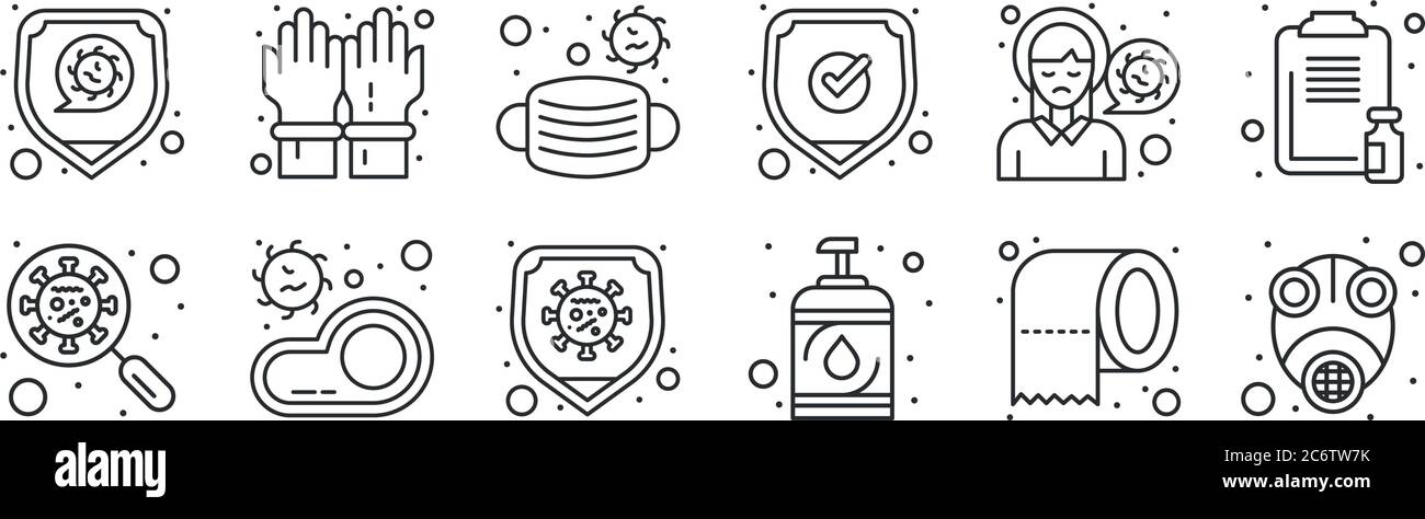 set of 12 thin outline icons such as gas mask, hand washer ...