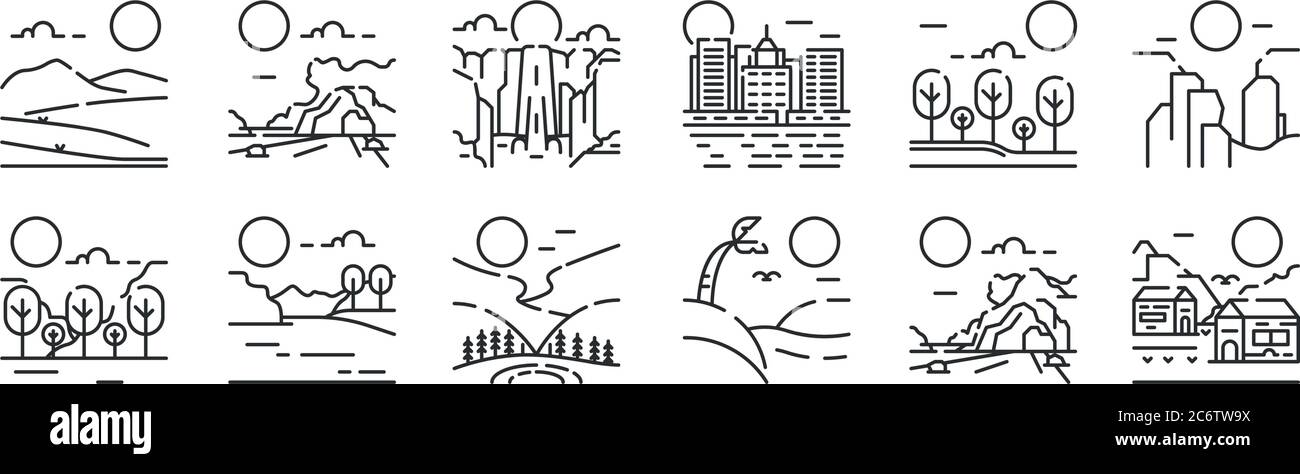 set of 12 thin outline icons such as village, oasis, lake, forest, waterfall, cave for web, mobile Stock Vector