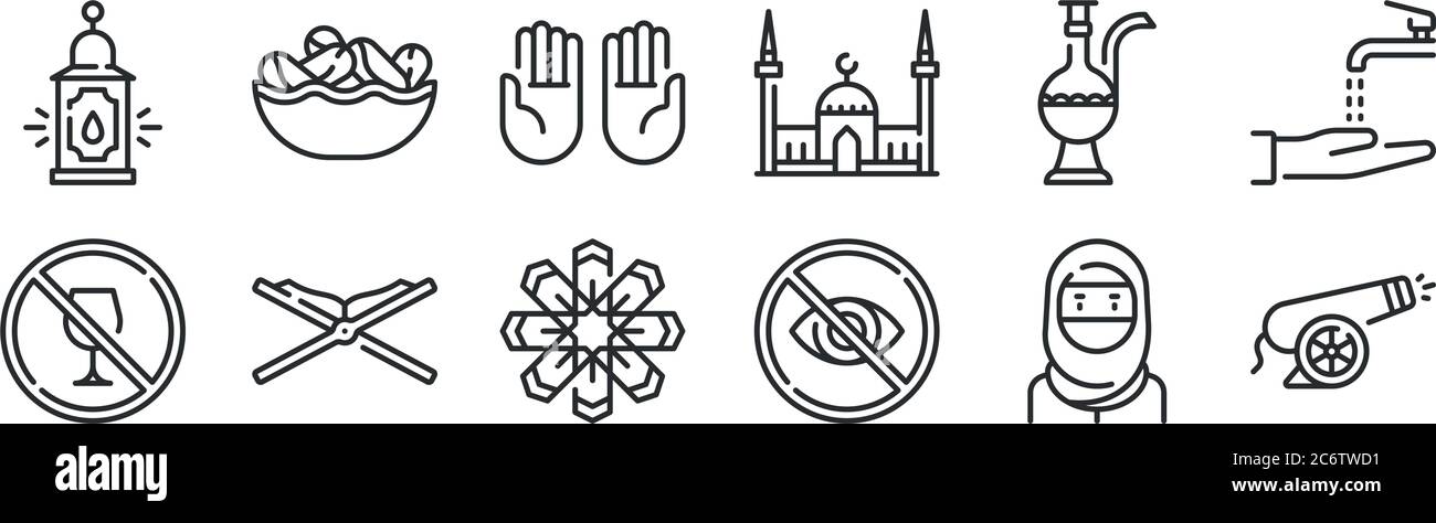 set of 12 thin outline icons such as cannon, hidden, quran, teapot, praying, dates for web, mobile Stock Vector
