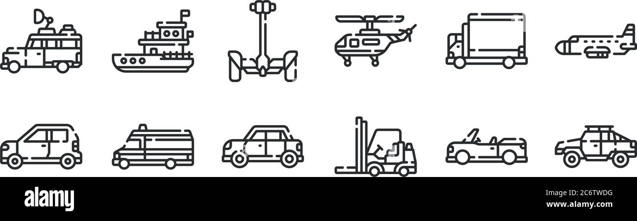 set of 12 thin outline icons such as car, forklift, ambulance ...