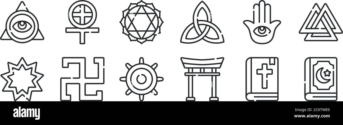 set of 12 thin outline icons such as quran, torii gate, swastika, hamsa, anahata, paganism for web, mobile Stock Vector