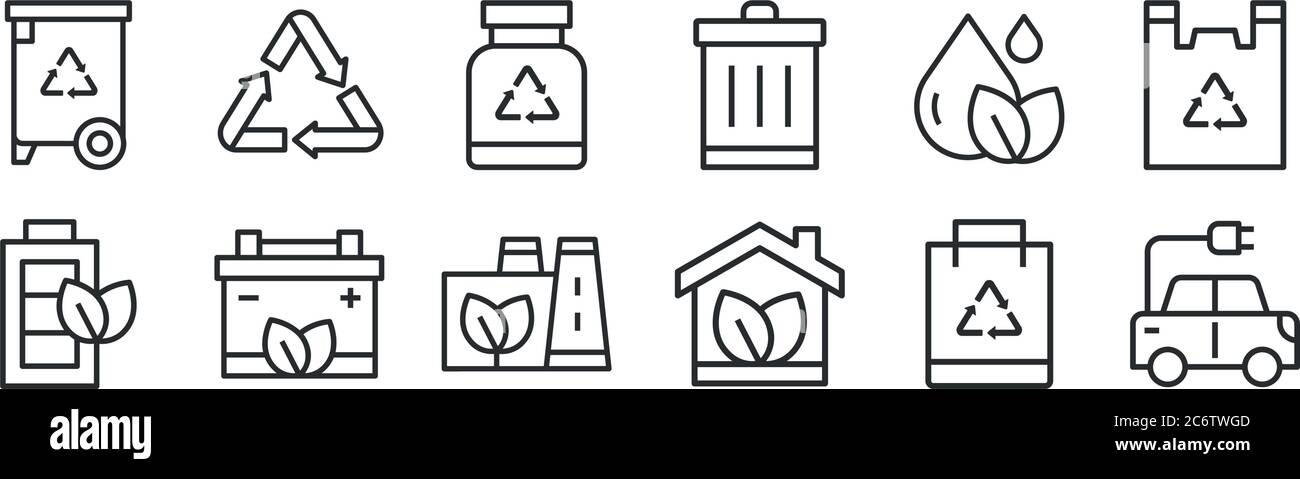 set of 12 thin outline icons such as electric car, home, battery, water, bottle, recycle for web, mobile Stock Vector