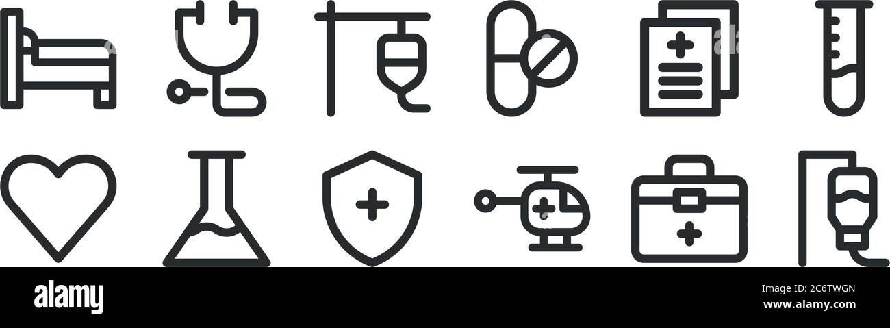 set of 12 thin outline icons such as infusion, helicopter, flask, file, transfusion, stethoscope for web, mobile Stock Vector