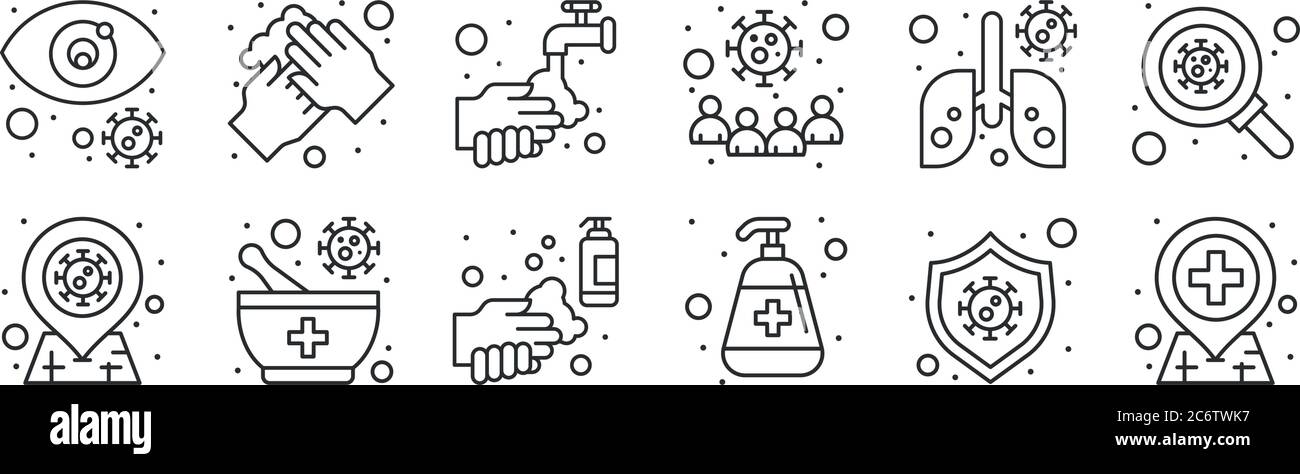 set of 12 thin outline icons such as health clinic, hand sanitizer ...