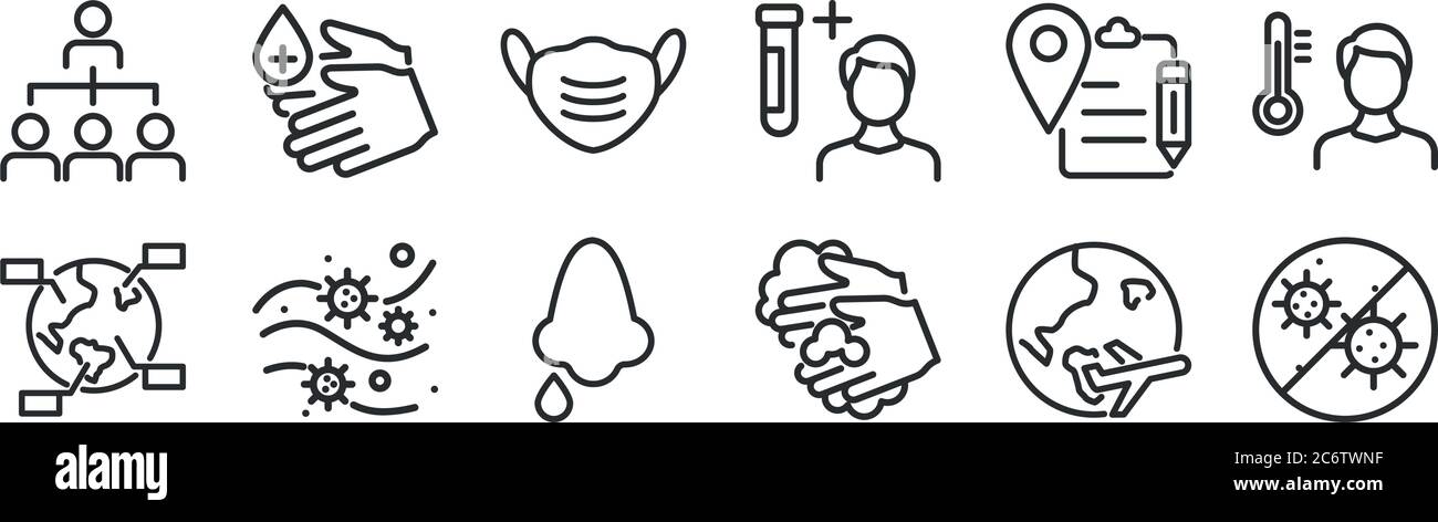 set of 12 thin outline icons such as coronavirus, hand wash ...