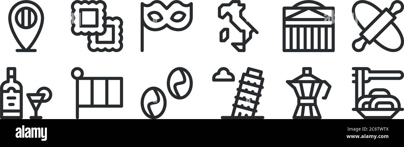 set of 12 thin outline icons such as spaghetti, leaning tower of pisa, italy, pantheon, carnival mask, ravioli for web, mobile Stock Vector