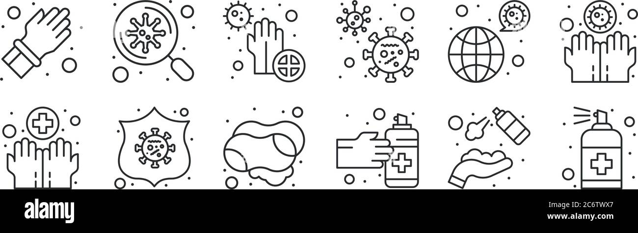 set of 12 thin outline icons such as cleaning spray, hand sanitizer ...
