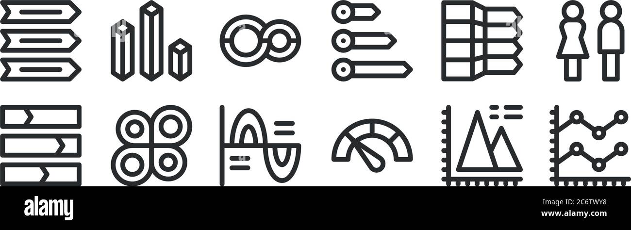 set of 12 thin outline icons such as line chart, speedometer ...