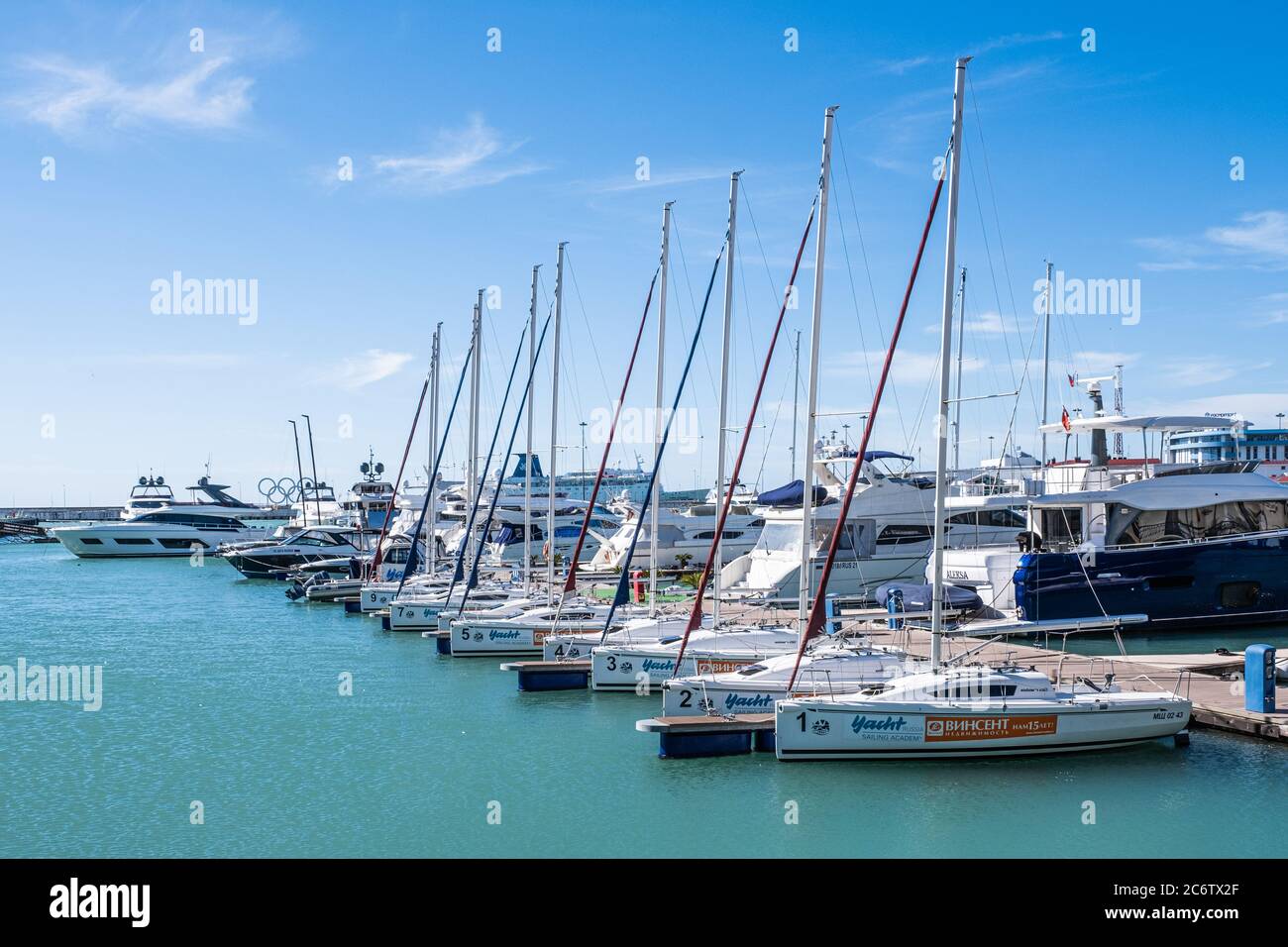 Sochi Russia February 26, 2020. Sports yachts in the seaport Stock Photo