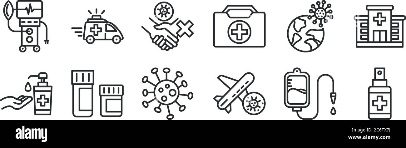 set of 12 thin outline icons such as antiseptic, plane, medicines ...