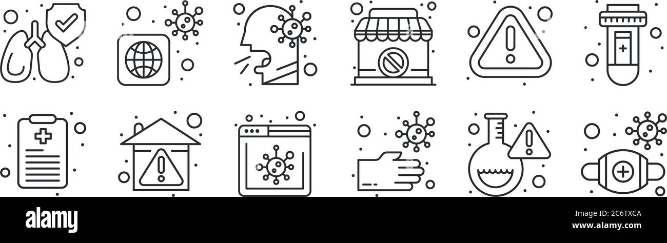 set of 12 thin outline icons such as medical mask, dirty, quarantine ...