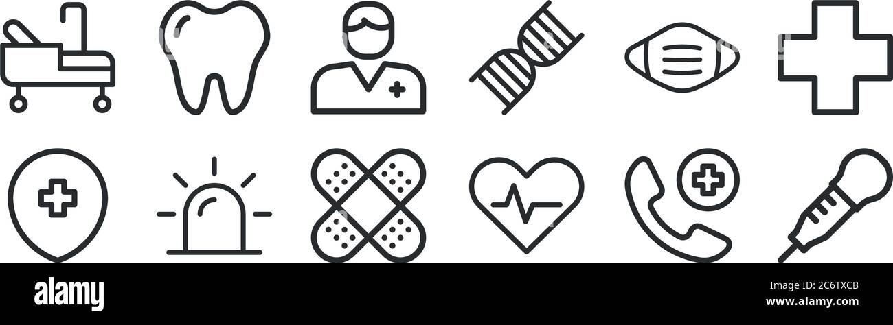 set of 12 thin outline icons such as pipette, heart, emergency, mask ...