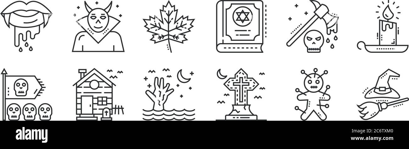set of 12 thin outline icons such as witch hunt, graveyard, haunted house, axe, maple leaf, evil for web, mobile Stock Vector