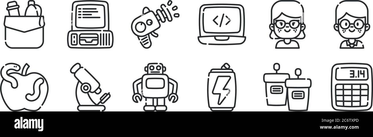 set of 12 thin outline icons such as calculator, energy drink ...