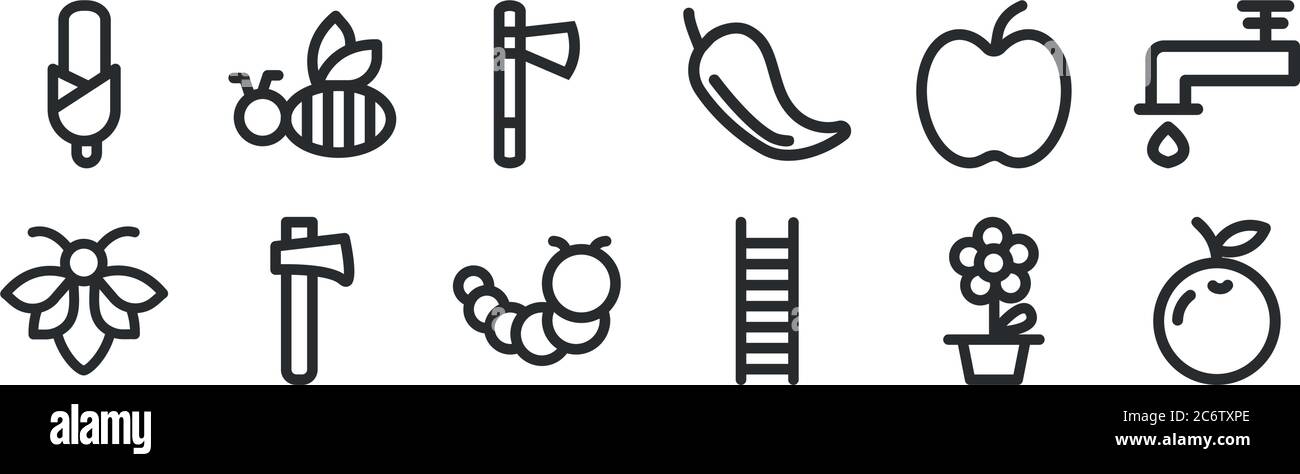 set of 12 thin outline icons such as orange, ladder, axe, apple, axe, bee for web, mobile Stock Vector