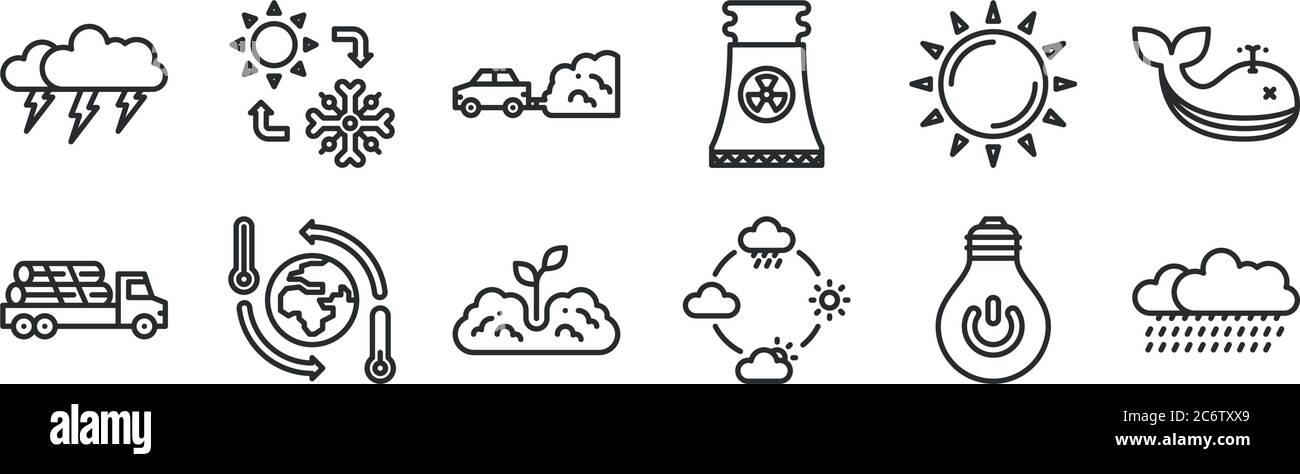 set of 12 thin outline icons such as rain, weather, global warming, sun, air pollution, climate change for web, mobile Stock Vector