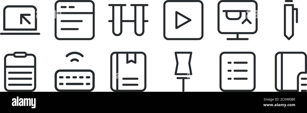 set of 12 thin outline icons such as index, pin, wireless keyboard, online course, tubes, text editor for web, mobile Stock Vector