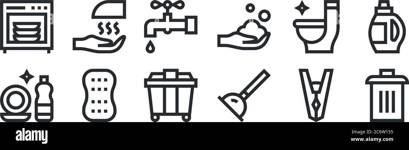 set of 12 thin outline icons such as trash bin, plunger, sponge, toilet, water tap, hand dryer for web, mobile Stock Vector