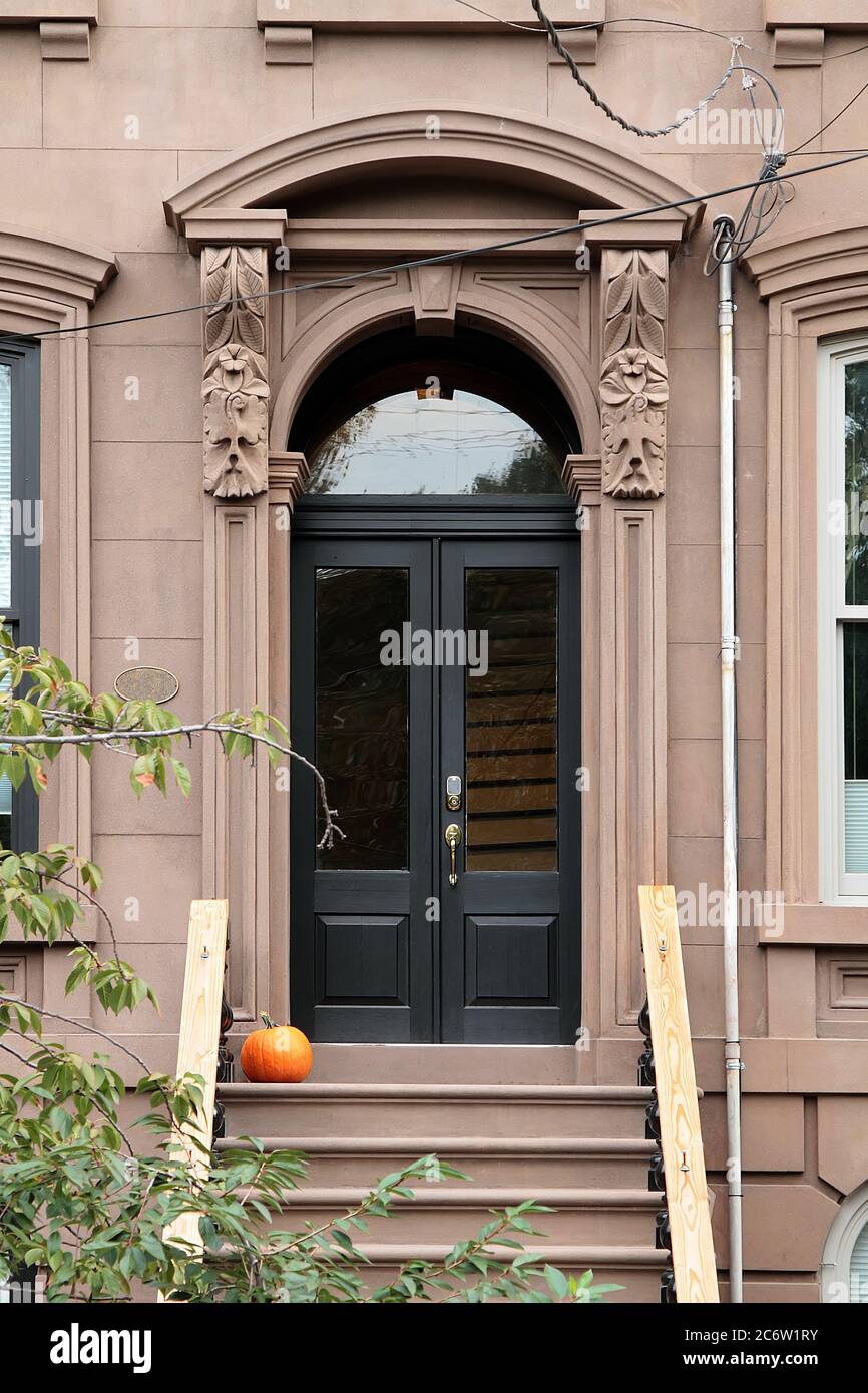 Vintage shabbylooking entry door in New York decorated with arch and