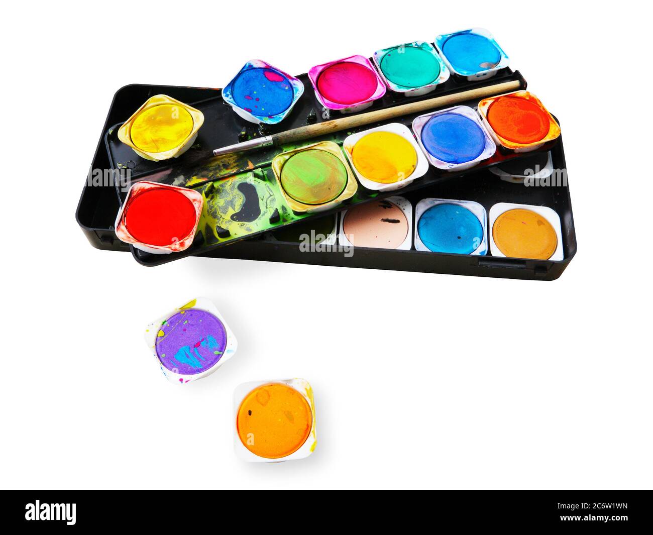 Paint box, with splatters, unleashed colours, artist toolbox, isolated on white background, clipping path Stock Photo