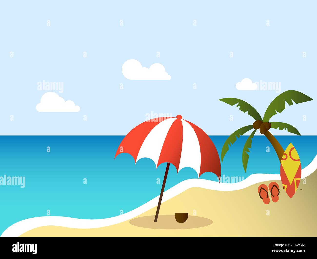 vector illustration of summer beach with umbrella and palm trees. summer  season concept background template Stock Vector Image & Art - Alamy