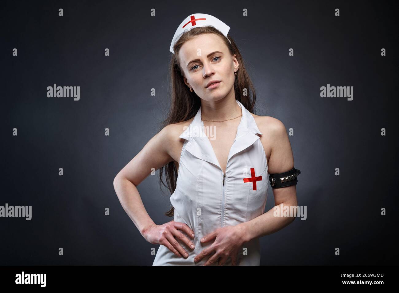Photo of slim young woman in fake doctor costume Stock Photo