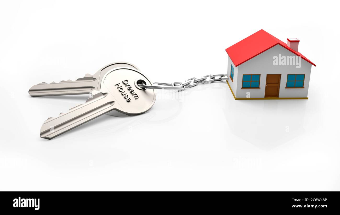 Two silver keys with a key chain of a house with the text Dream House ...