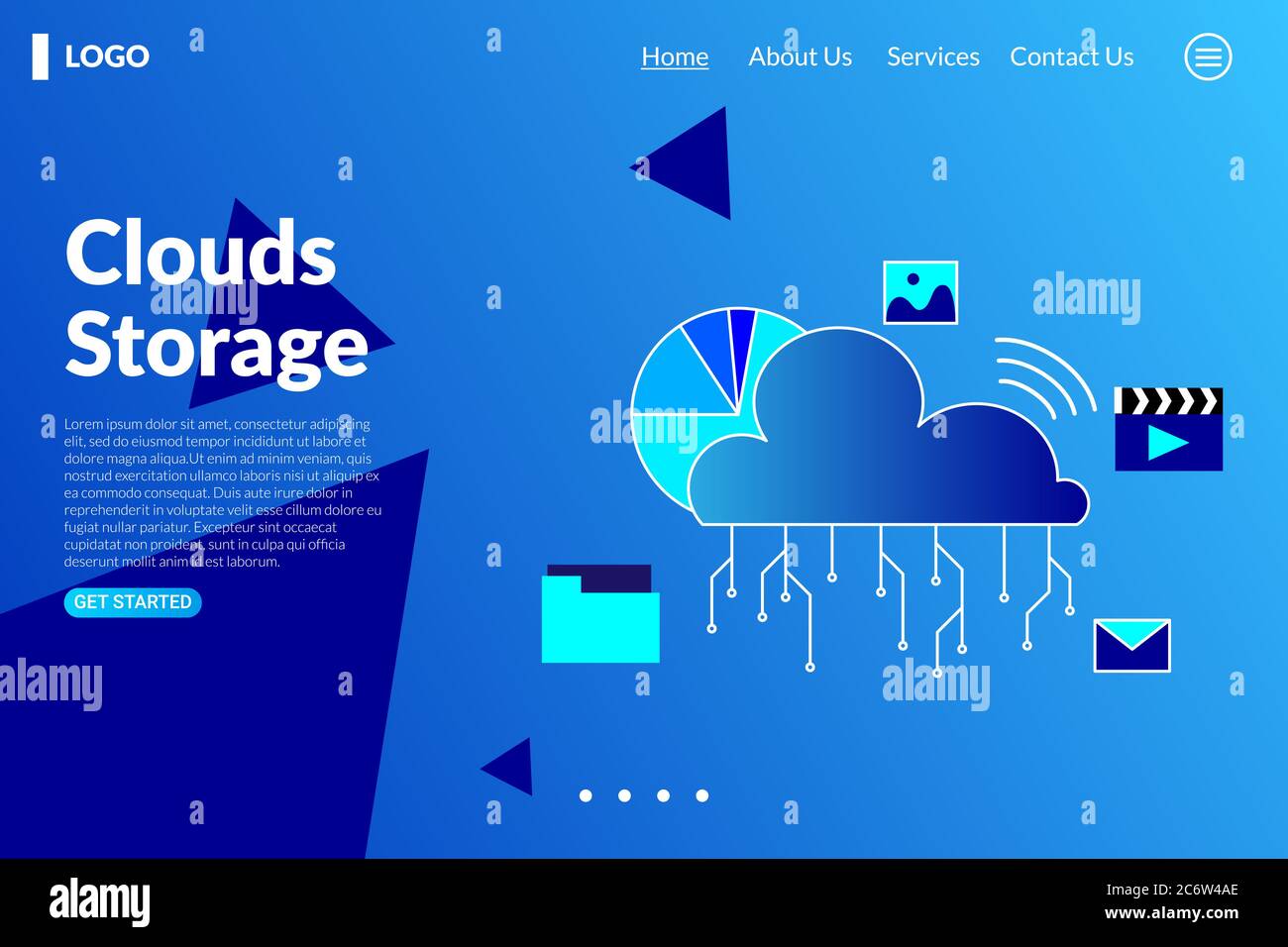 vector flat design of the cloud hosting network. online computing storage landing page template web banner. Stock Vector