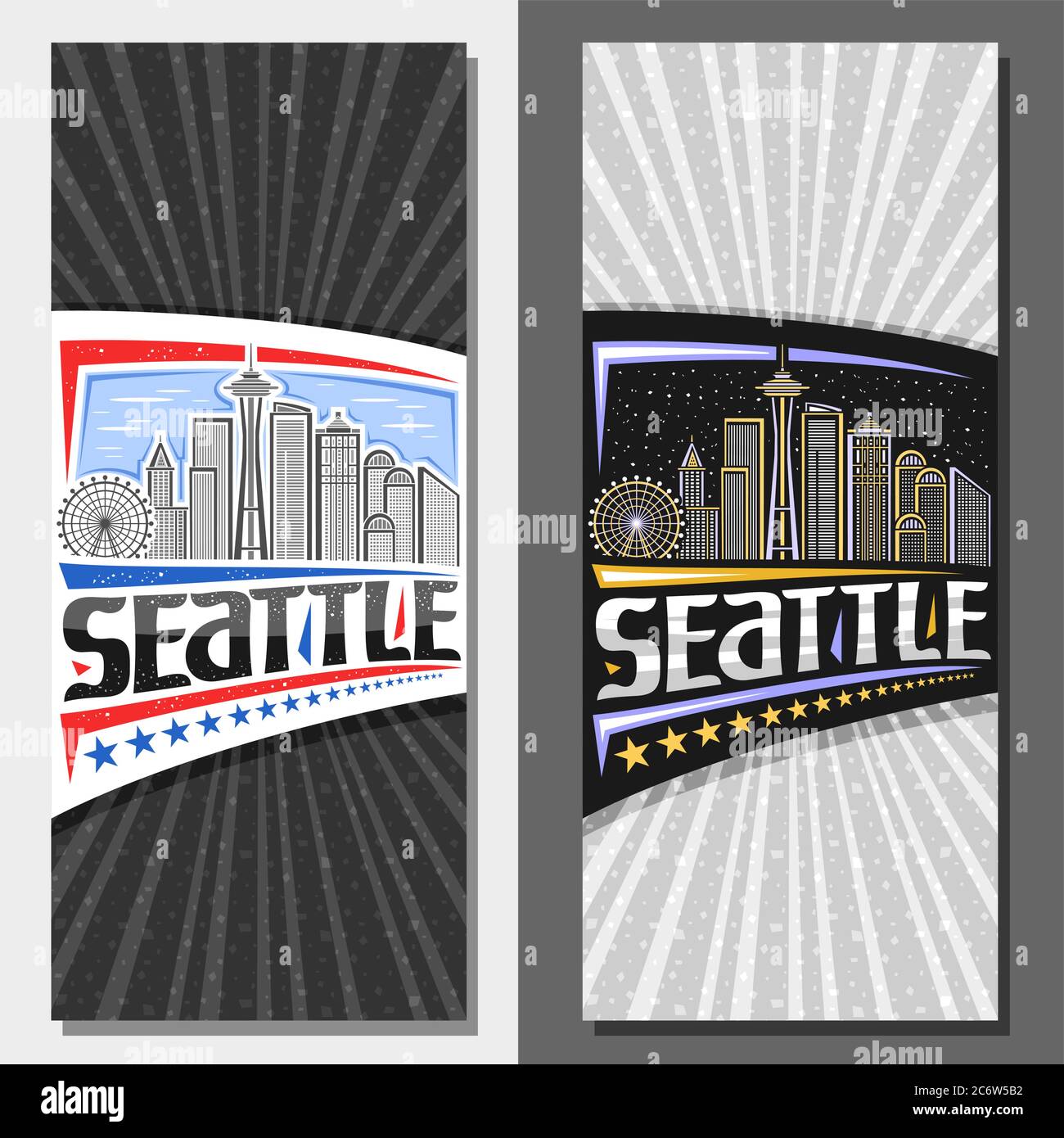 Vector layouts for Seattle, decorative leaflet with outline ...