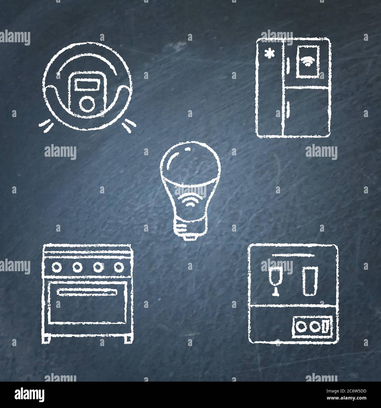 Housework automation icon set on blackboard. Chalkboard symbols. Smart