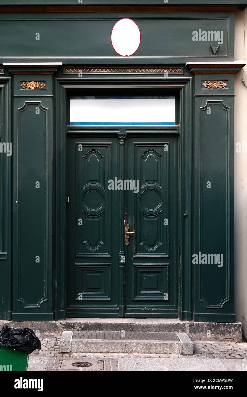 Dark green wooden vintage double entry door with brass door handle