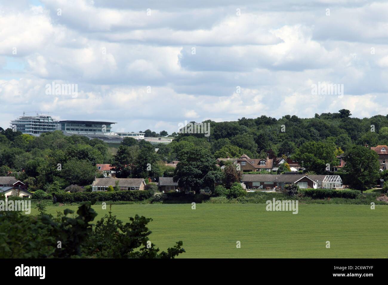 A view across Langley Vale, Surrey with Epsom Downs race track in