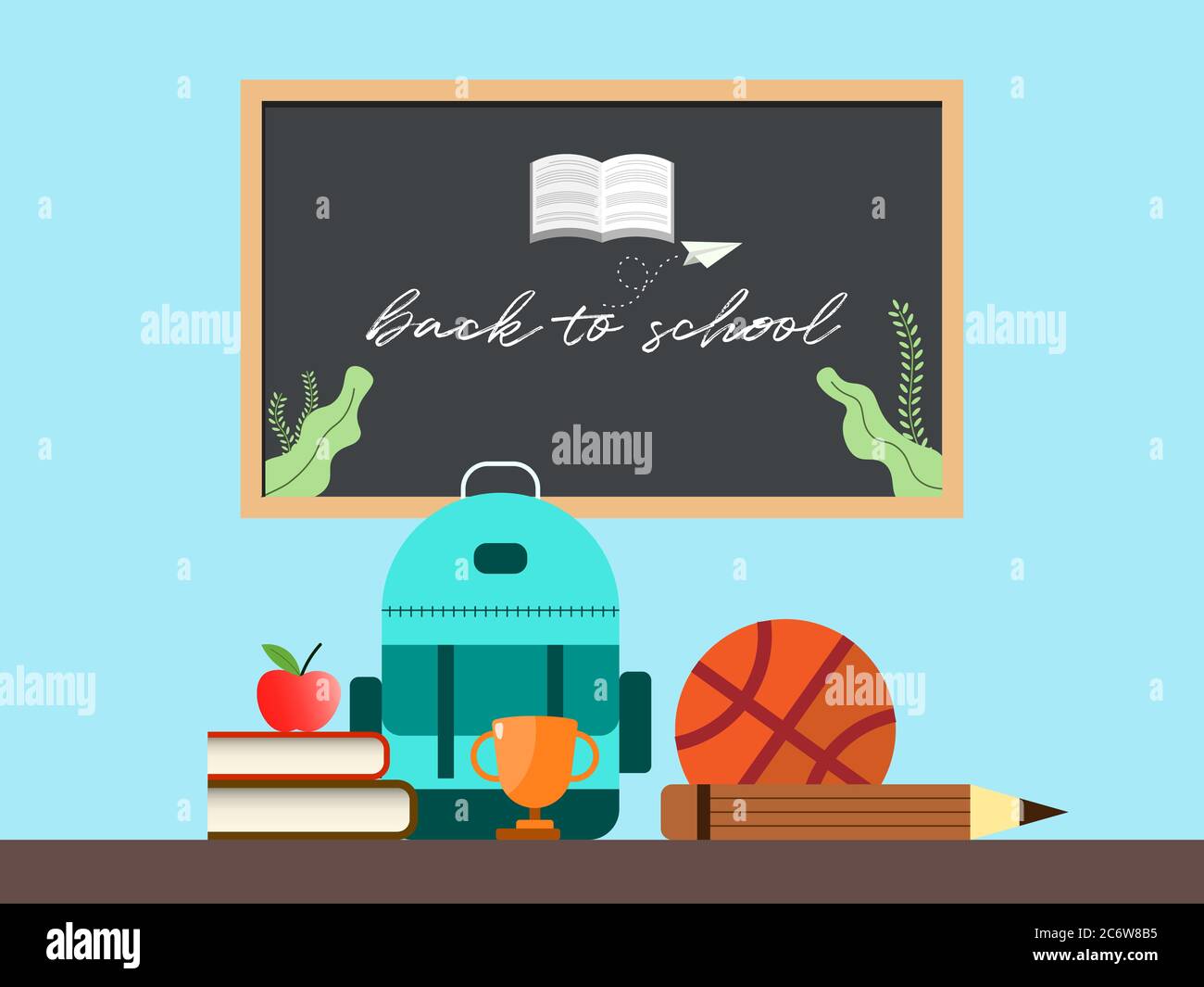 vector illustration of flat design back to school supplies with a blackboard. education concept background template. Stock Vector