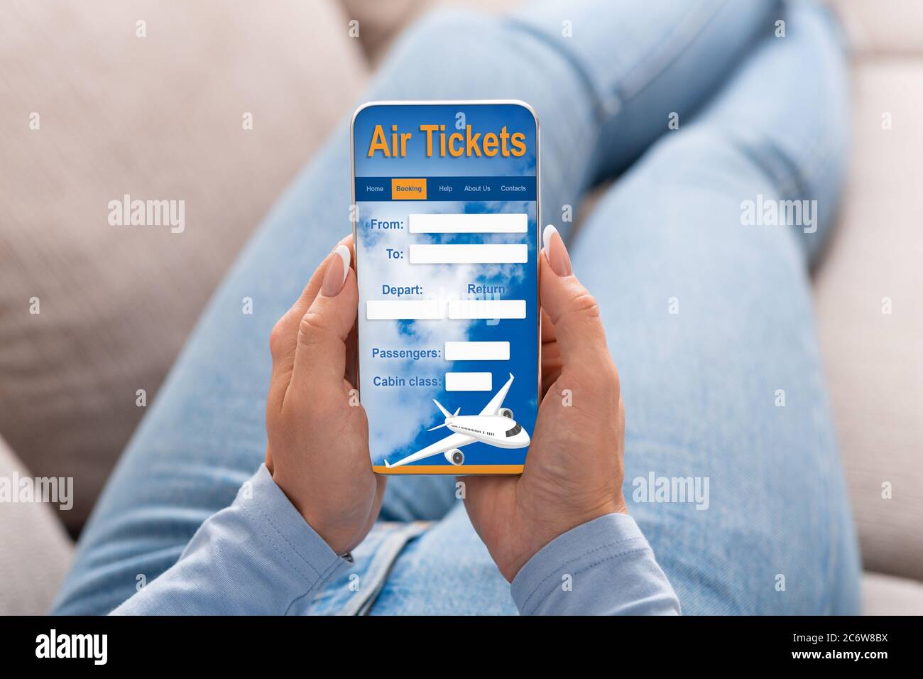 Woman Booking Flight Using Smartphone Sitting At Home, Cropped, Collage Stock Photo